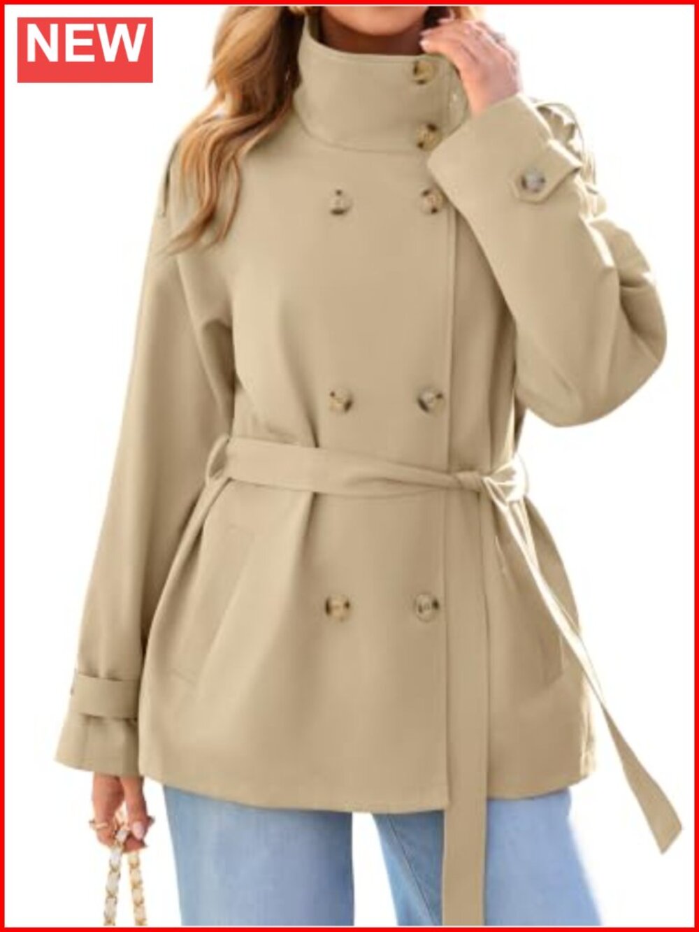 Short Trench Coat Double Breasted Stand Collar Water Repellent Twill Fall Jacket